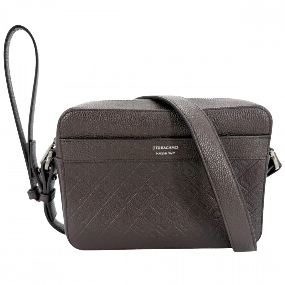 Salvatore Ferragamo Men's Monogram Shoulder Bag Clutch Crossbody Leather Brow...